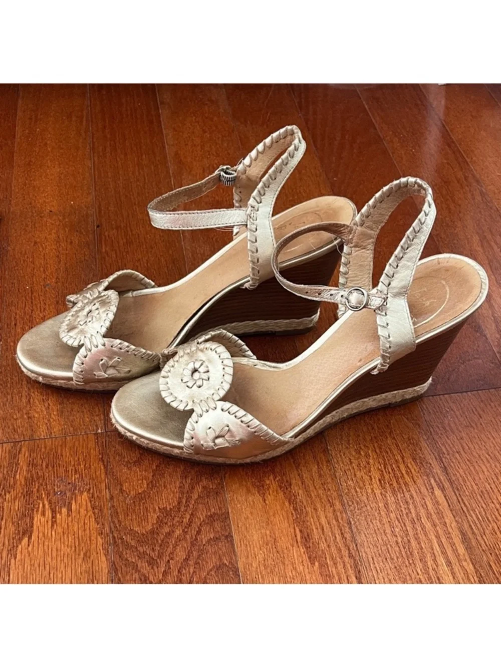 Gold Jack Roger’s Wedge Sandals with Decorative Medallion size 9